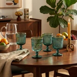 Set of 8 MCM Green Water Goblets | Wine Glasses Cocktail Bar Glasses Gold Ribbed